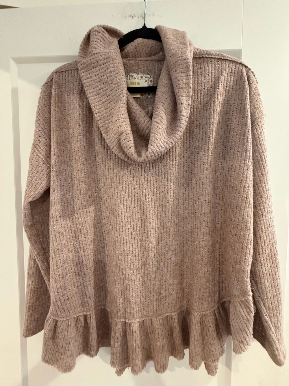 Maeve taupe Cowl Neck Ruffle Hem top